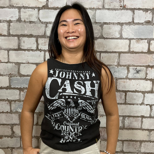 Johnny Cash Rock’N’Roll Country Legend graphic print, 100% cotton fabric, black on grey, Unwantee made from upcycled and deconstructed graphic tshirt, punk rock style street wear, athleisure wear, unwantees is a sustainable fashion brand, we take unwanted graphic tshirts otherwise destined for landfill and recycle clothing into vest tops for sports wear or leisure.  Refashioned band merch, Slash Neck Sleeveless Top
