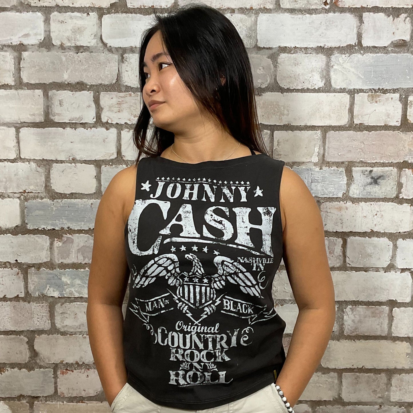 Rock’N’Roll Country Legend Johnny Cash graphic print, 100% cotton fabric, black on grey, Unwantee made from upcycled and deconstructed graphic tshirt, punk rock style street wear, athleisure wear, unwantees is a sustainable fashion brand, we take unwanted graphic tshirts otherwise destined for landfill and recycle clothing into vest tops for sports wear or leisure.  Refashioned band merch, Slash Neck Sleeveless Top