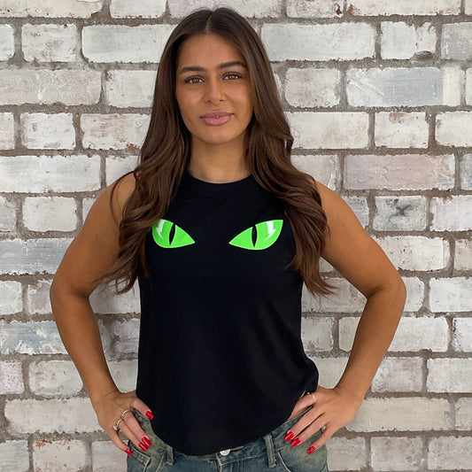 Halloween eco conscious fashion graphic cats eyes graphic tshirt upcycled by Unwantees recycled tshirt otherwise destined for landfill.  Cats Eyes Graphic tshirt recycled into sleeveless vest top, sustainable upcycled fashion, British recycled grunge brand, slow fashion, Punk Rock music style graphic tshirt upcycled by Unwantees, Racerback tank top, upcycled in the UK by unwantees. Sustainable upcycled fashion