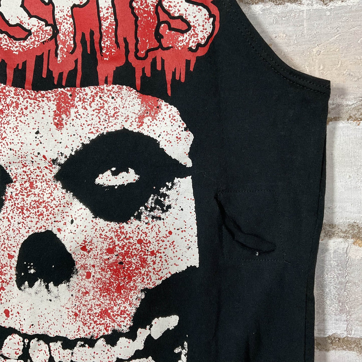 Back View Misfits iconic logo blood splattered Racerback Tank Top upcycled by Unwantees, sustainable fashion made in great Britain from vintage graphic tshirt 