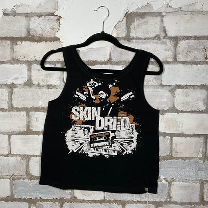 Skindred band graphics on a black cotton Scoop Neck Tank Top upcycled by Unwantees, sustainable fashion made in Great Britain from vintage graphic tshirt 