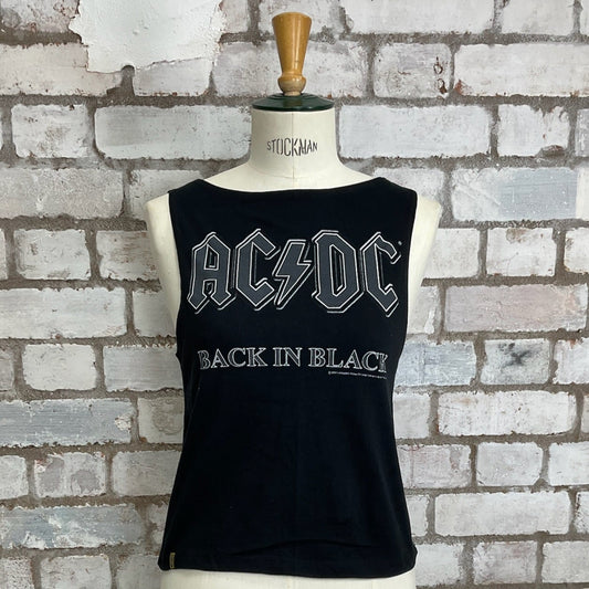 AC/DC tank top, ACDC Back in black vest, ACDC sleeveless top, upcycled fashion by unwantees, recycled fashion, eco-friendly clothing UK, upcycled t-shirts