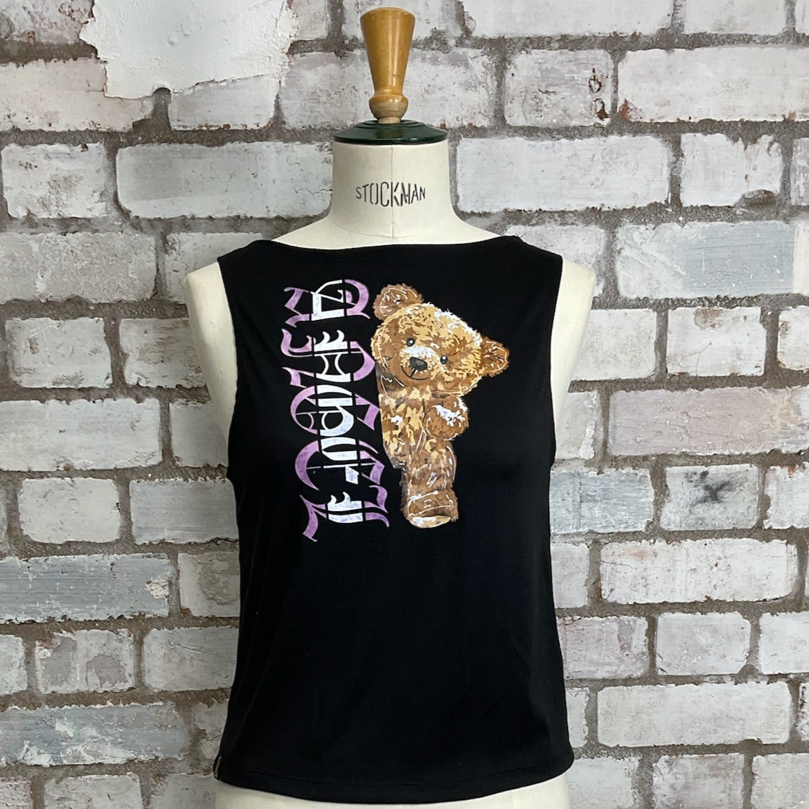 Angel Teddy Bear Print tank top, Angel vest, High neck black sleeveless top, recycled by unwantees, up cycle made in Great Britain