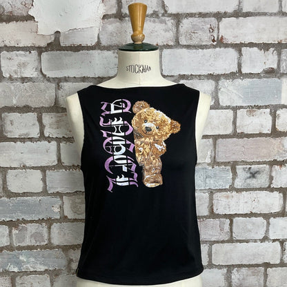 Angel Teddy Bear Print tank top, Angel vest, High neck black sleeveless top, recycled by unwantees, up cycle made in Great Britain