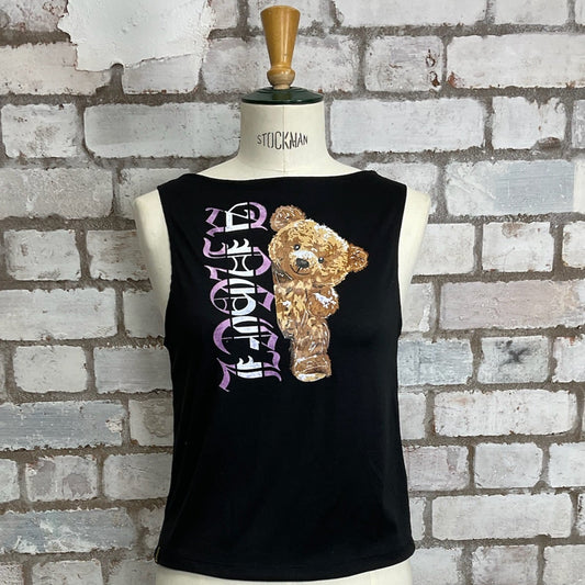 Angel Teddy Bear Print tank top, Angel vest, High neck black sleeveless top, recycled by unwantees, up cycle made in Great Britain