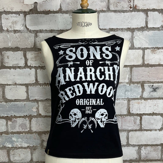 Black tank top with 'Sons of Anarchy Redwood Original' text on a mannequin against a brick wall. Black sleeveless shirt with 'AC/DC Back in Black' text on a mannequin against a brick wall.  ACDC Back in black Tank top, ACDC Vest Top, Unwantees up cycle Sons of Anarchy, SAMCRO, Motorcycles, Tank top, Sleeveless top 