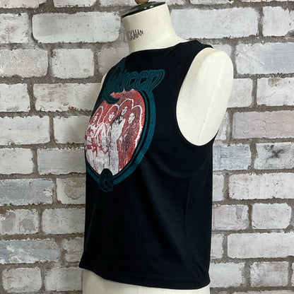 Black sleeveless shirt with Queen graphic design on a mannequin against a brick wall, Queen Tank Top, Vintage Queen Print Vest, Unwantees Upcycle, Recycled in Great Britain, anti landfill, sweat shop free, anti fast fashion