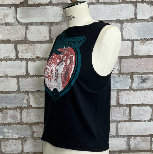 Black sleeveless shirt with Queen graphic design on a mannequin against a brick wall, Queen Tank Top, Vintage Queen Print Vest, Unwantees Upcycle, Recycled in Great Britain, anti landfill, sweat shop free, anti fast fashion