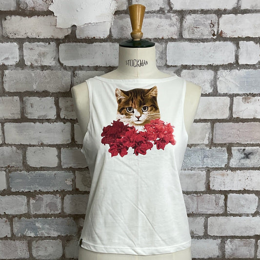 Cat print tank top, Cute Kitty vest, Kitsch Kitten Top, Upcycled retro cat print, cat amongst red flowers print top, a tshirt upcycle by unwantees