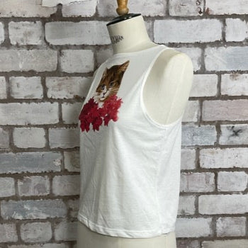 Cat print tank top, Cute Kitty vest, Kitsch Kitten Top, Upcycled retro cat print, cat amongst red flowers print top, a tshirt upcycle by unwantees, pussy cat printed tank