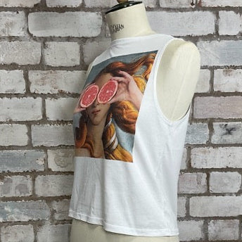 Clementine Eyes, Grapefruit Eyes, The Madonna fun Clementine graphic tank top recycled tshirt by Unwantees