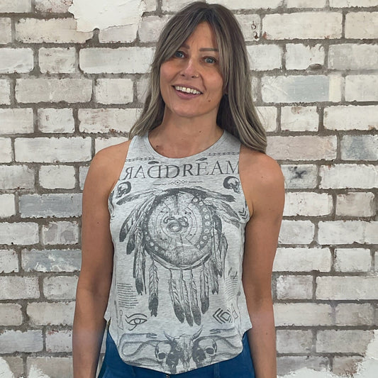 Dark Dreams, Dreamcatcher tank top, Whimsical vest, grey vest top, Unwantees, recycled fashion, sustainable clothing, yoga vest, athleisure wear, streetwear
