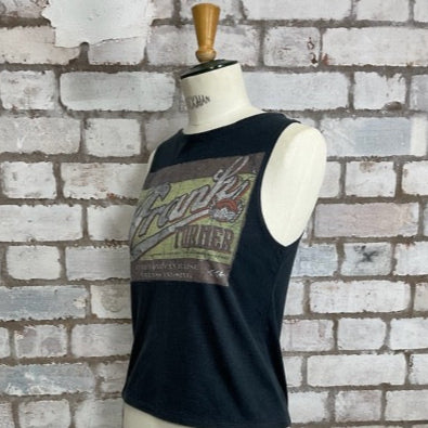 Black sleeveless shirt with graphic design on a mannequin against a brick wall.  Frank Turner, Punk and Folk Music Tank top, Vest Top, Recycled Unwantees