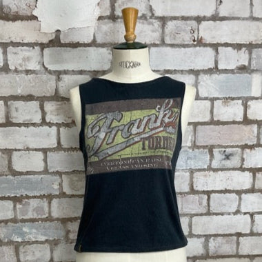 Black tank top with 'Frank' graphic on a mannequin against a brick wall.  Frank Turner, Punk and Folk Music Tank top, Vest Top, Recycled Unwantees