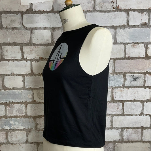 Black tank top with a graphic design on a mannequin against a brick wall. Graphic tshirt up cycle project by Unwantees, Shock wave, heart beat, rhythm, pulse, beat, wave tank top, vest top, Unwantee 
