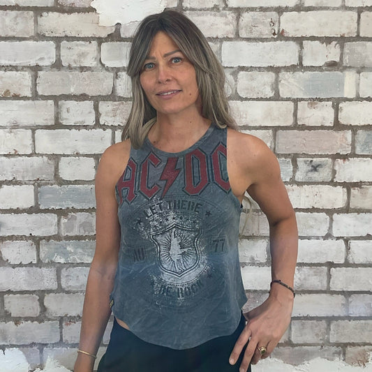 Let there be rock, ACDC Tank Top, ACDC Vest Top, ACDC Tshirt up cycle by Unwantees, anti landfill, sweat shop free, Made in Great Britain
