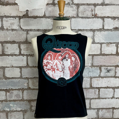 Black sleeveless shirt with Queen graphic design on a mannequin against a brick wall, Queen Tank Top, Vintage Queen Print Vest, Unwantees Upcycle 