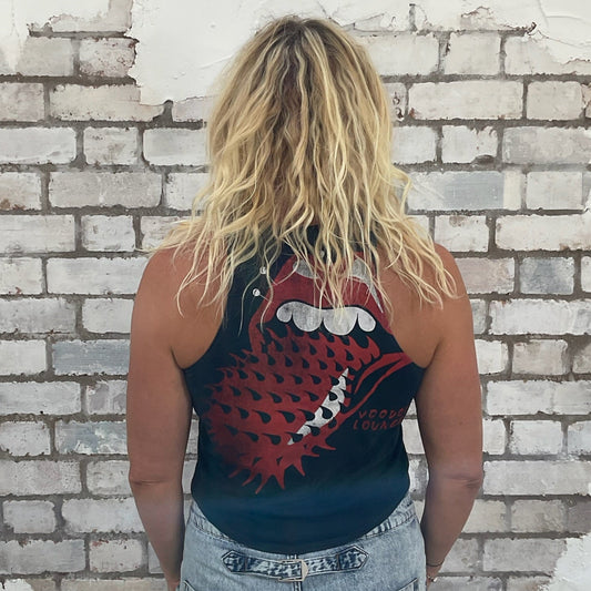 Rolling Stones Voodoo Lounge, Spikey tongue print,  front and back printed Tank Top by Unwantees, up cycled project by Unwantees, Recycled fashion by Unwantees.co.uk, racerback style