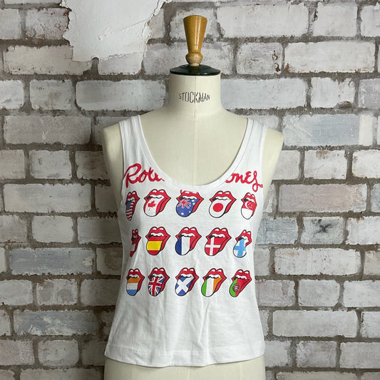 Rolling Stones multi international lips tank top, sustainable clothing, upcycled tshirt, recycled tshirt, fashion upcycled, Unwantees, vest top, where to buy eco-friendly vest tops, eco-friendly clothing UK