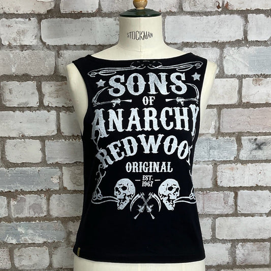 Black tank top with 'Sons of Anarchy Redwood Original' text on a mannequin against a brick wall.  Sons of Anarchy SAMRO TANK TOP VEST TOP, UNWANTEES RECYCLE