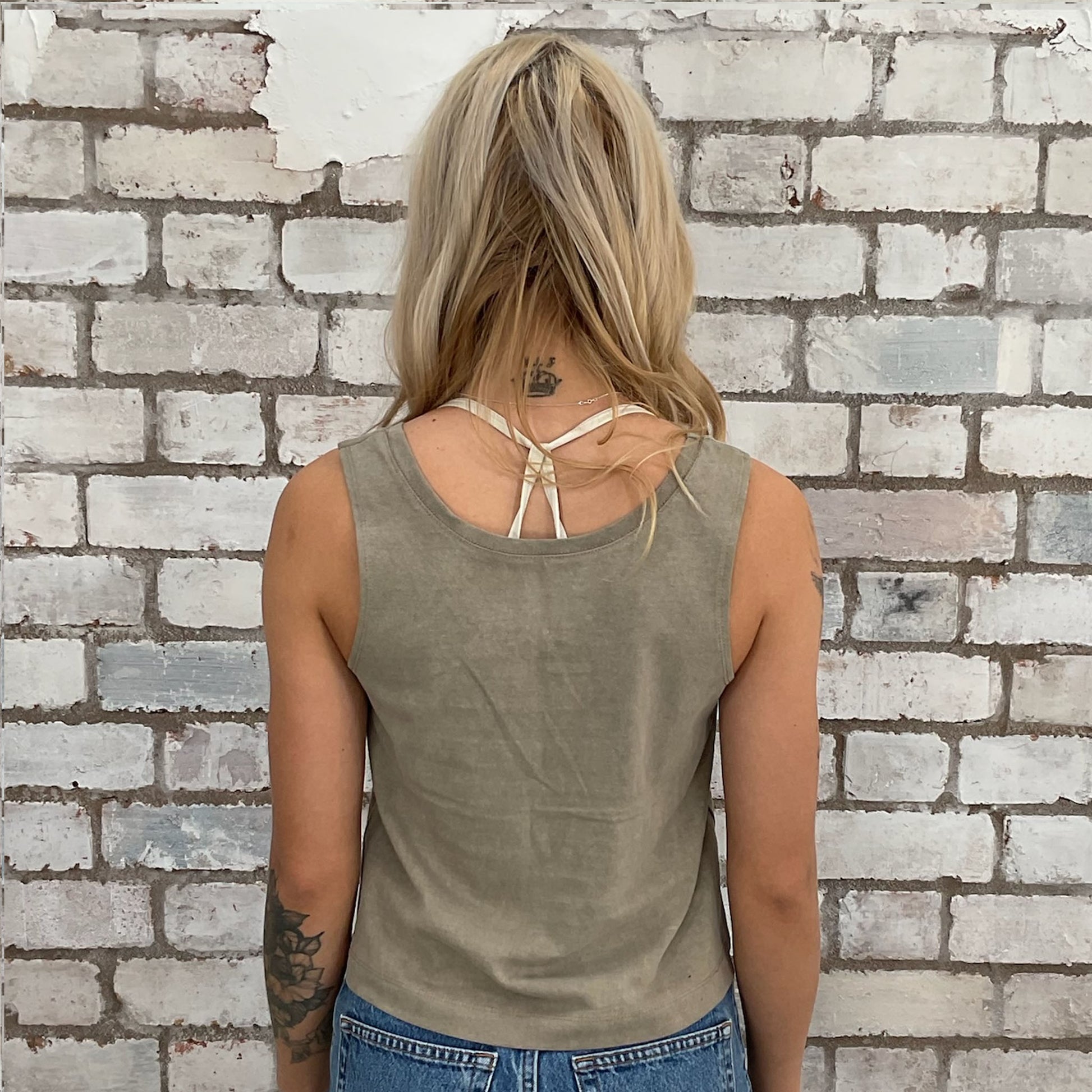 sustainable fashion, athleisure wear, vest top, sleeveless top, taupe vest