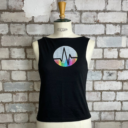Graphic tshirt up cycle project by Unwantees, Shock wave, heart beat, rhythm, pulse, beat, wave tank top, vest top, Unwantee