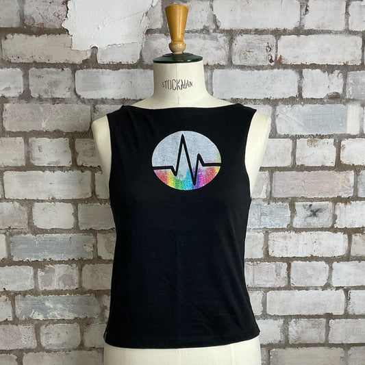 Graphic tshirt up cycle project by Unwantees, Shock wave, heart beat, rhythm, pulse, beat, wave tank top, vest top, Unwantee