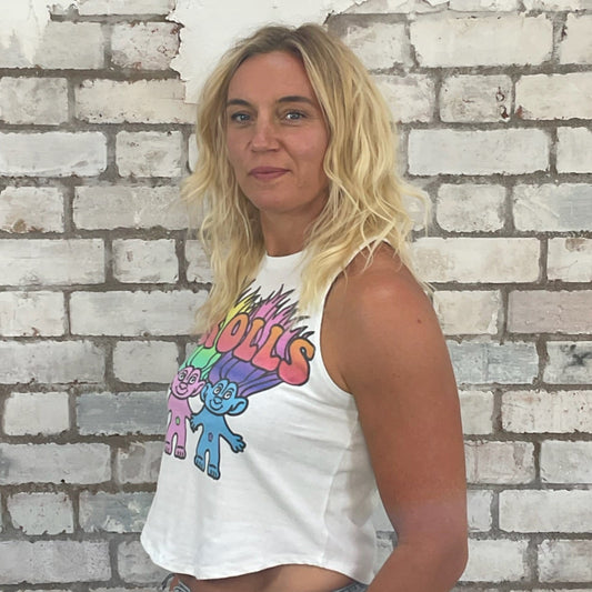 The Trolls Tank Top, Trolls Vest Top, 80s Tank, 80s print, Classic Trolls tshirt up cycle by Unwantees, white tank from the 80s