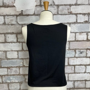 Black sleeveless top on a mannequin against a brick wall.  Unwantees Slash Neck Vest Top 