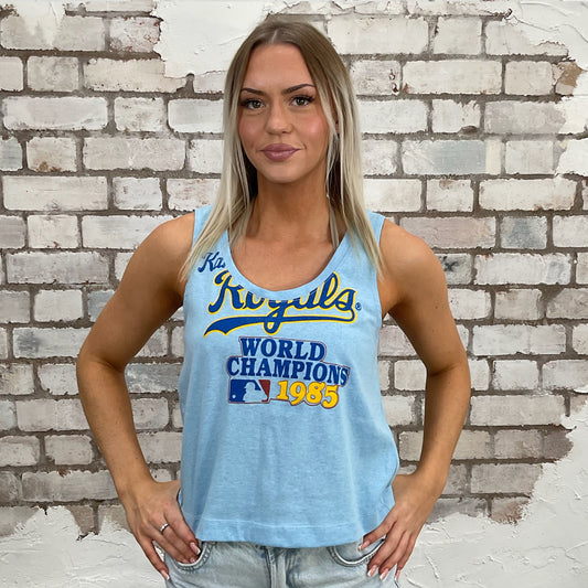 Kansas City Royals World Champion 1985 graphic Unwantee tank top front view, upcycled, sustainable, made in Britain