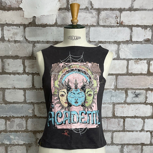 One-of-a-kind Academy Whimsical Print Slash Neck Unwantee tank top front view, upcycled, sustainable, made in Britain