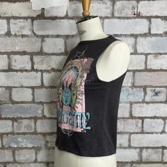 One-of-a-kind Academy Whimsical Print Slash Neck Unwantee tank top side view, upcycled, sustainable, made in Britain