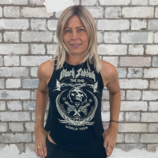 One-of-a-kind Black Sabbath graphic Racerback Unwantee tank top front view, upcycled, sustainable, made in Britain