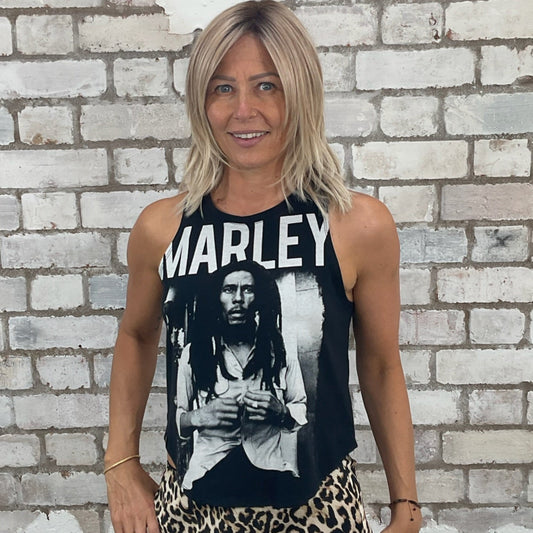 One-of-a-kind Bob Marley graphic Racerback Unwantee tank top front view, upcycled, sustainable, made in Britain