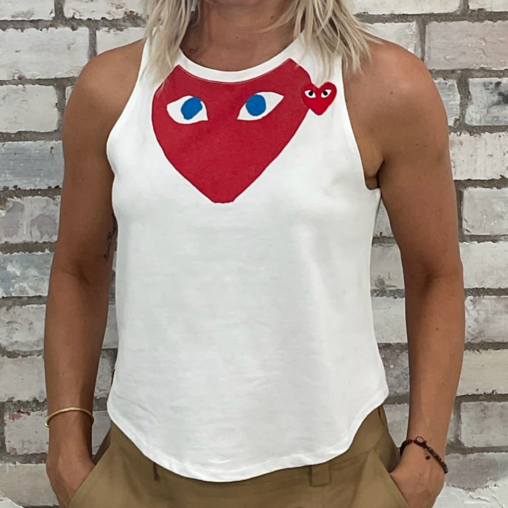 One-of-a-kind Comme des Garçons graphic Racerback Unwantee tank top close-up view, upcycled, sustainable, made in Britain