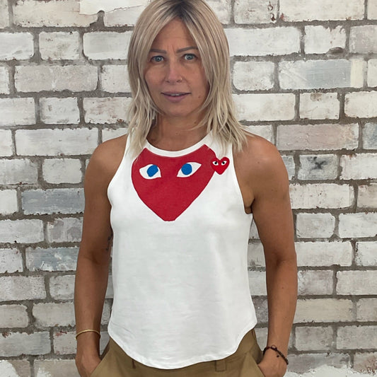 One-of-a-kind Comme des Garçons graphic Racerback Unwantee tank top front view, upcycled, sustainable, made in Britain