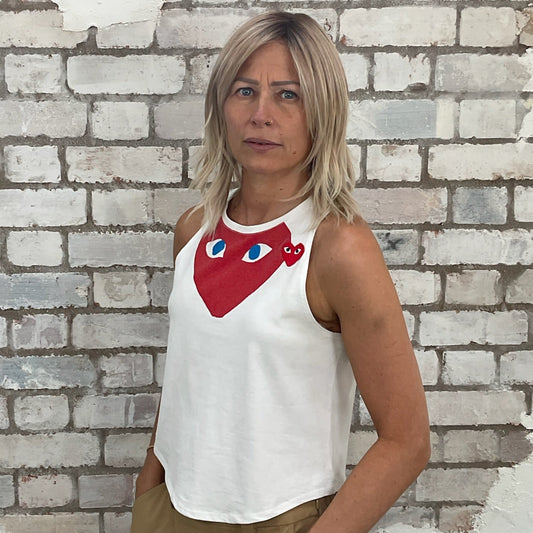 One-of-a-kind Comme des Garçons graphic Racerback Unwantee tank top side view, upcycled, sustainable, made in Britain