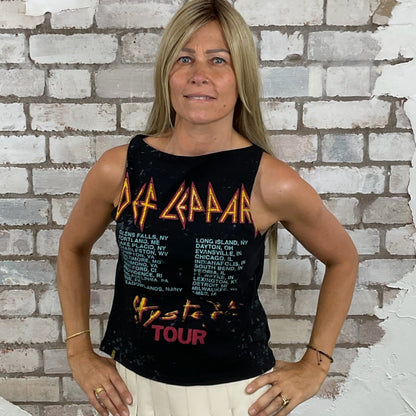 One-of-a-kind Def Leppard Hysteria Tour reversible graphic Slash Neck Unwantee tank top front view, upcycled, sustainable, made in Britain