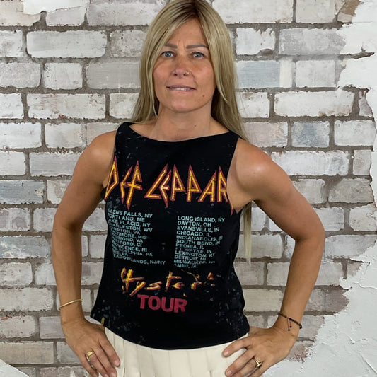 One-of-a-kind Def Leppard Hysteria Tour reversible graphic Slash Neck Unwantee tank top front view, upcycled, sustainable, made in Britain