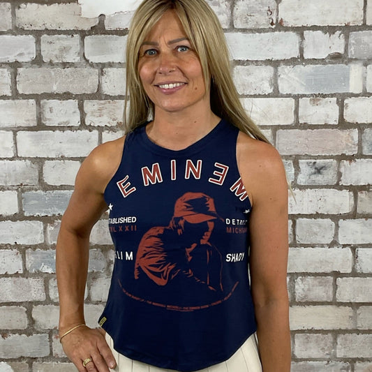 One-of-a-kind Eminem Slim Shady graphic Racerback Unwantee tank top front view, upcycled, sustainable, made in Britain
