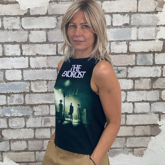 One-of-a-kind Exorcist print graphic Slash Neck Unwantee tank top side view, upcycled, sustainable, made in Britain