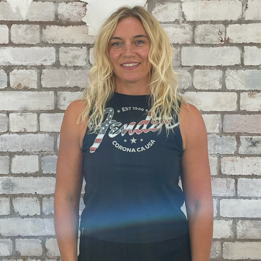 One-of-a-kind Fender Corona California graphic Slash Neck Unwantee tank top front view, upcycled, sustainable, made in Britain