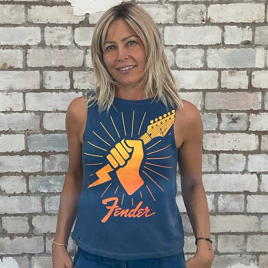 One-of-a-kind Fender Guitar print graphic Slash Neck Unwantee tank top front view, upcycled, sustainable, made in Britain