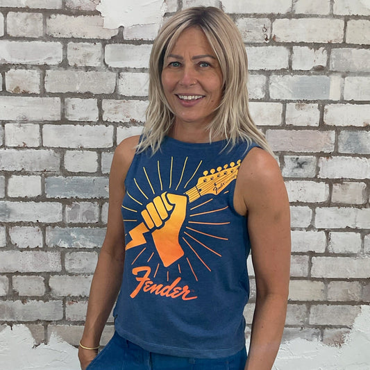 One-of-a-kind Fender Guitar print graphic Slash Neck Unwantee tank top side view, upcycled, sustainable, made in Britain