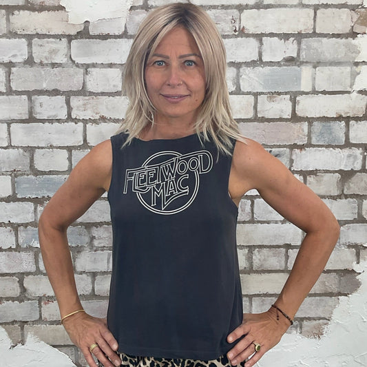 One-of-a-kind Fleetwood Mac graphic Slash Neck Unwantee tank top front view, upcycled, sustainable, made in Britain