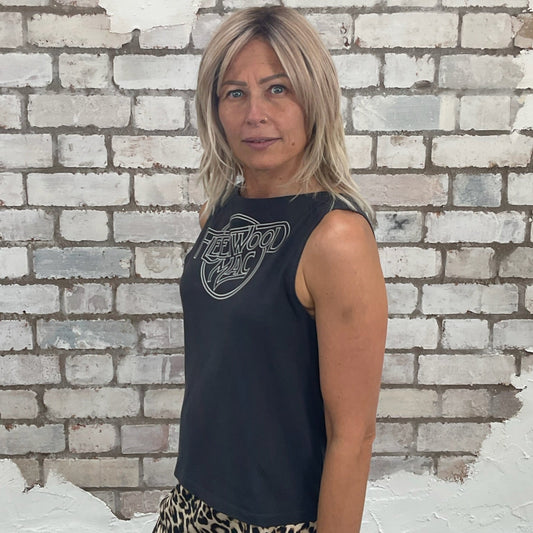 One-of-a-kind Fleetwood Mac graphic Slash Neck Unwantee tank top side view, upcycled, sustainable, made in Britain