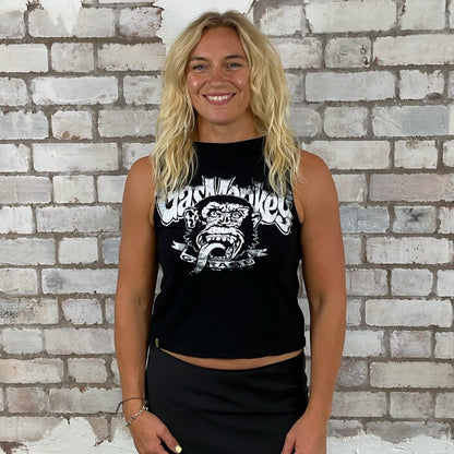 One-of-a-kind Gas Monkey Blood Sweat and Beers graphic Slash Neck Unwantee tank top front view, upcycled, sustainable, made in Brita