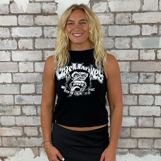 One-of-a-kind Gas Monkey Blood Sweat and Beers graphic Slash Neck Unwantee tank top front view, upcycled, sustainable, made in Brita