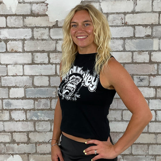 One-of-a-kind Gas Monkey Blood Sweat and Beers graphic Slash Neck Unwantee tank top side view, upcycled, sustainable, made in Britain
