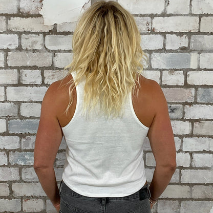 One-of-a-kind Glitter Palm Tree graphic Unwantee tank top back view, upcycled, sustainable, made in Britain